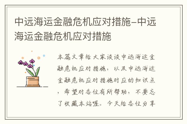 中远海运金融危机应对措施-中远海运金融危机应对措施