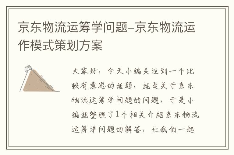 京东物流运筹学问题-京东物流运作模式策划方案