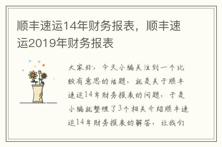 顺丰速运14年财务报表，顺丰速运2019年财务报表