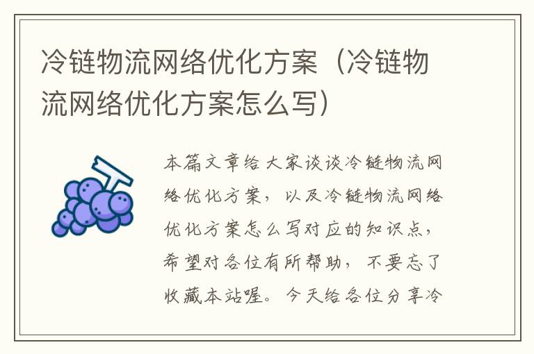 冷链物流网络优化方案（冷链物流网络优化方案怎么写）